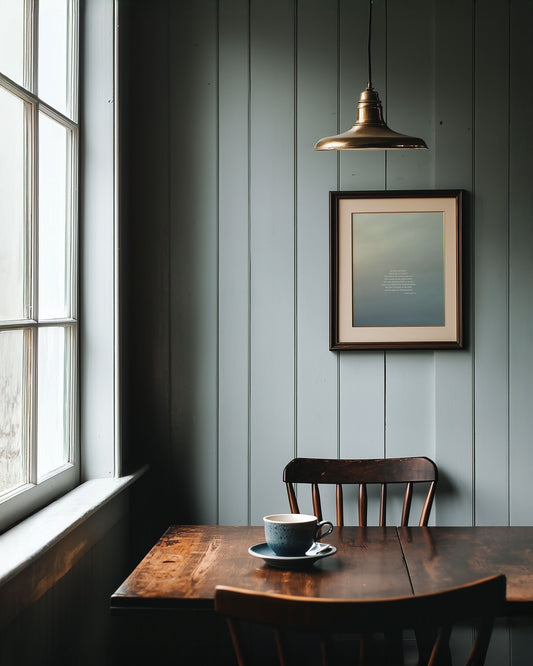 Vintage-style room with wooden table, chair, and a Scripture art print of Isaiah 40:28-29 with faint light stretching out over the dark clouds. The framed print is hanging on a green paneled wall.
