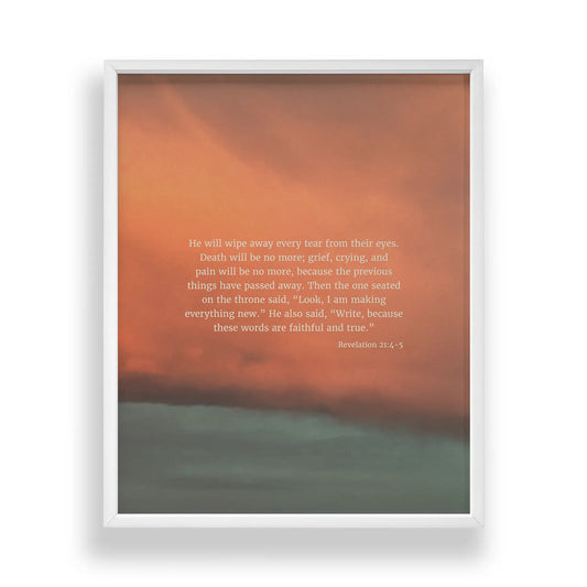 Revelation 21:4-5 CSB - Heaven & Nature Co. Scripture Print - Main Frame Mockup