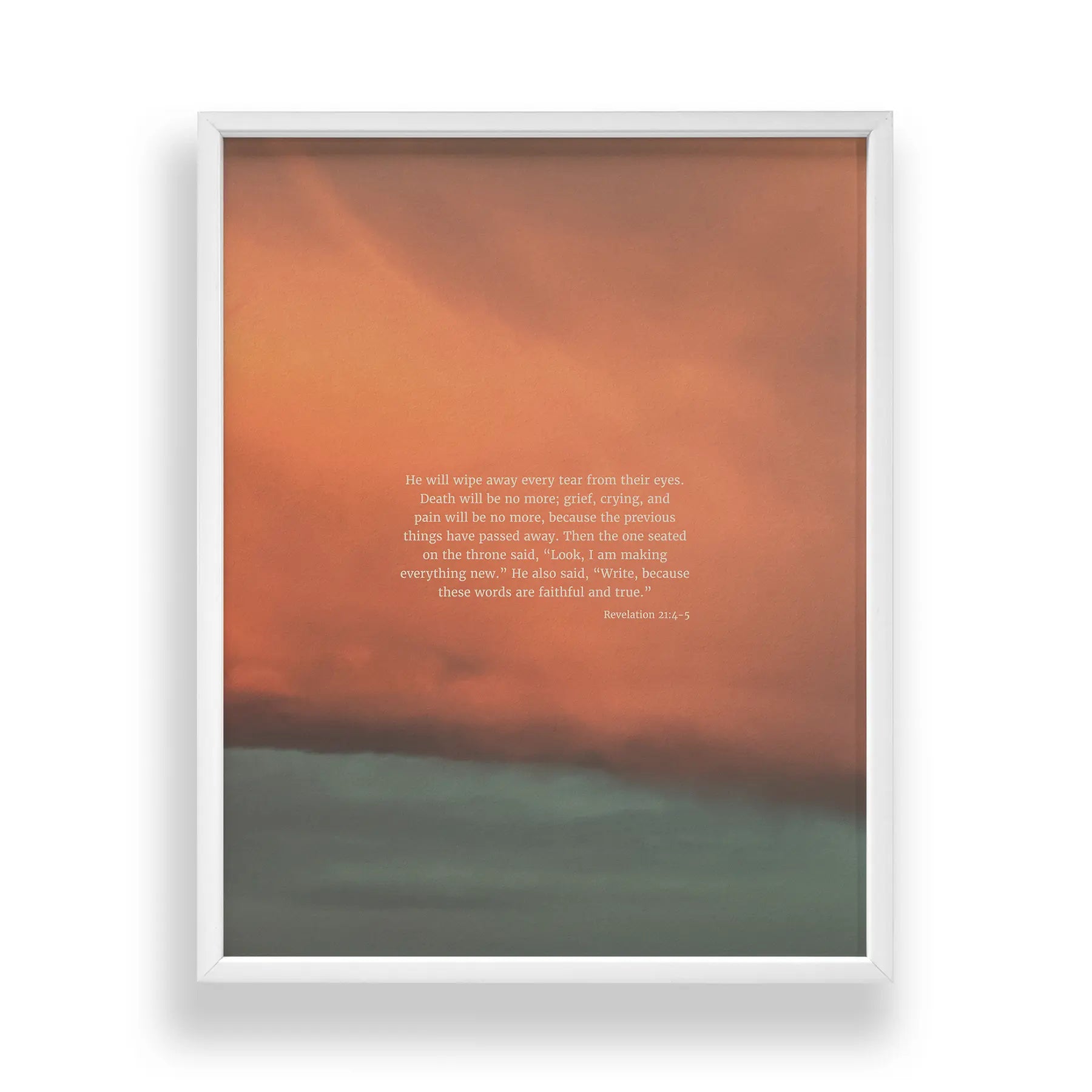 Revelation 21:4-5 CSB - Heaven & Nature Co. Scripture Print - Standard 11x14 Frame Mockup