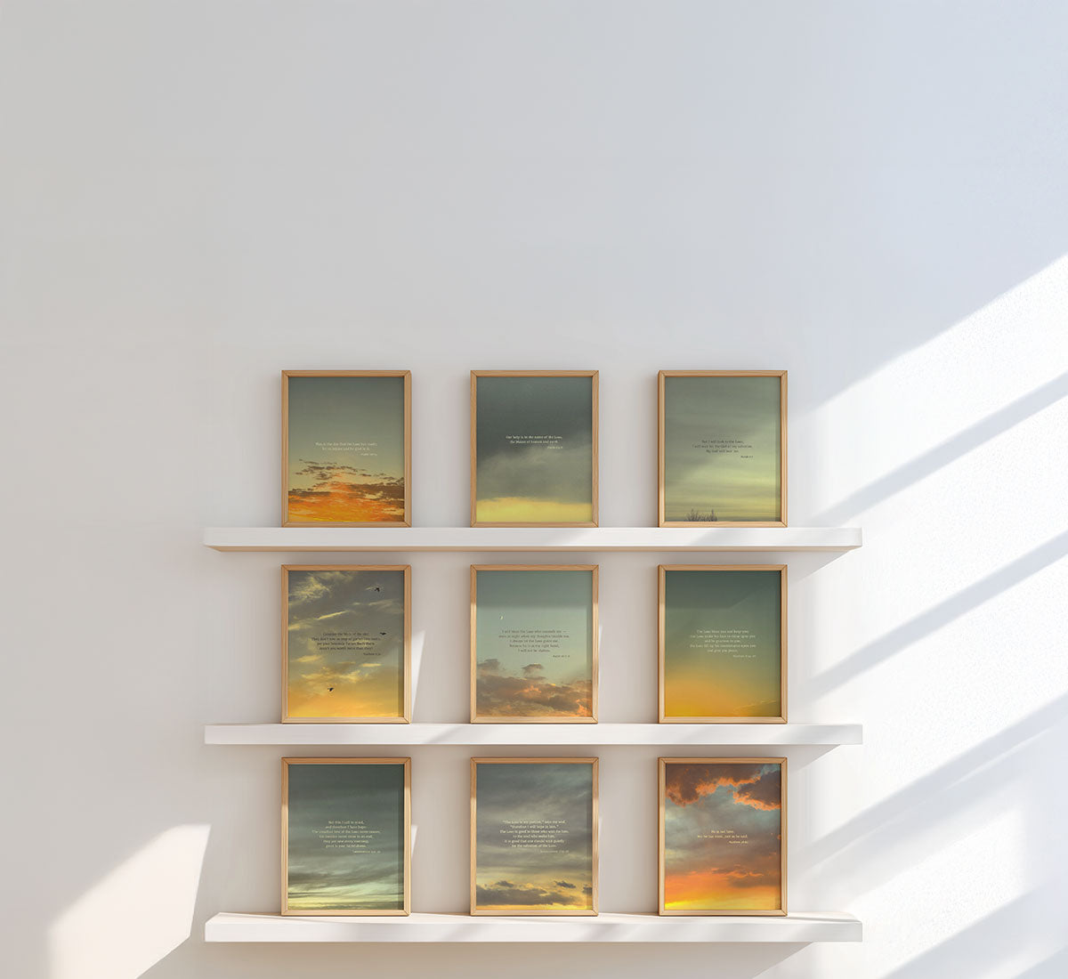 Framed Scripture art prints on a white shelf against a light wall for tablet header.