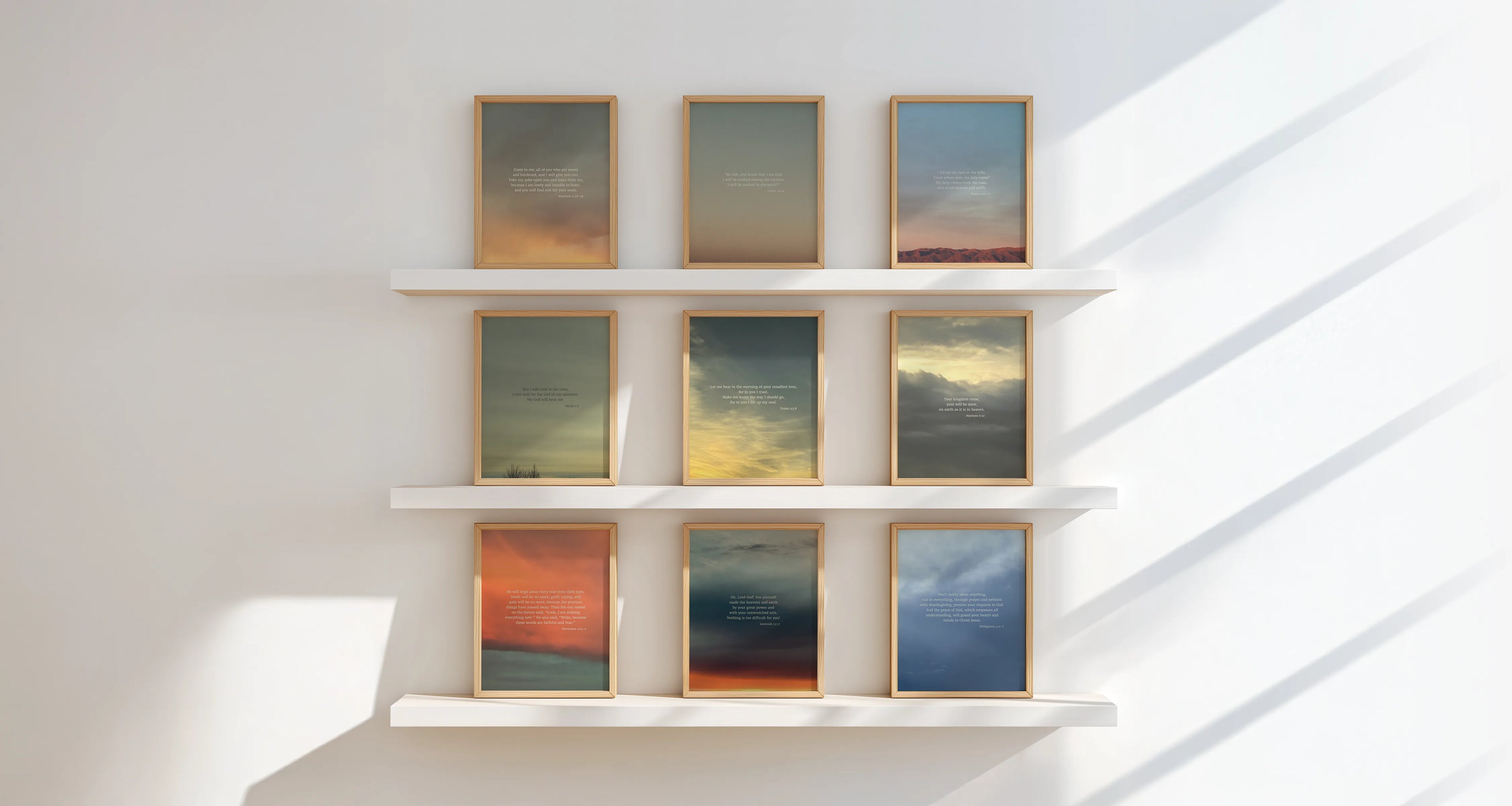 Heaven & Nature Co. - Shelves with 9 Scripture Prints in Frames